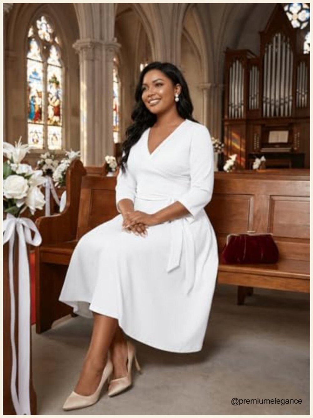 Plus Size Wrap Cocktail Dress with Pockets 3/4 Sleeve V Neck Midi - Picture 6 of 7